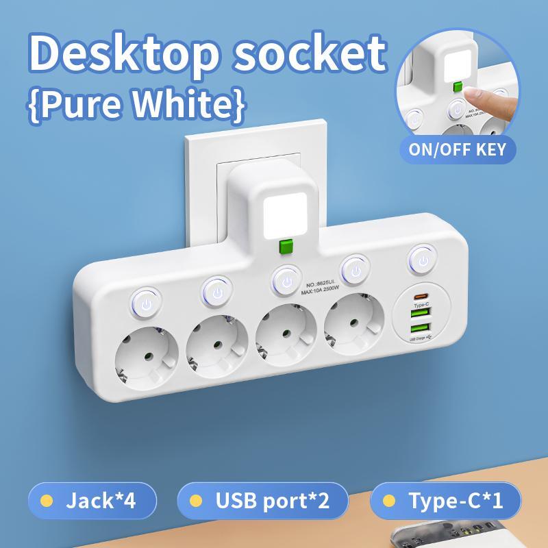 EU Plug 5-Socket Wall Outlet, With/Without USB Type-C, No Extension Cord