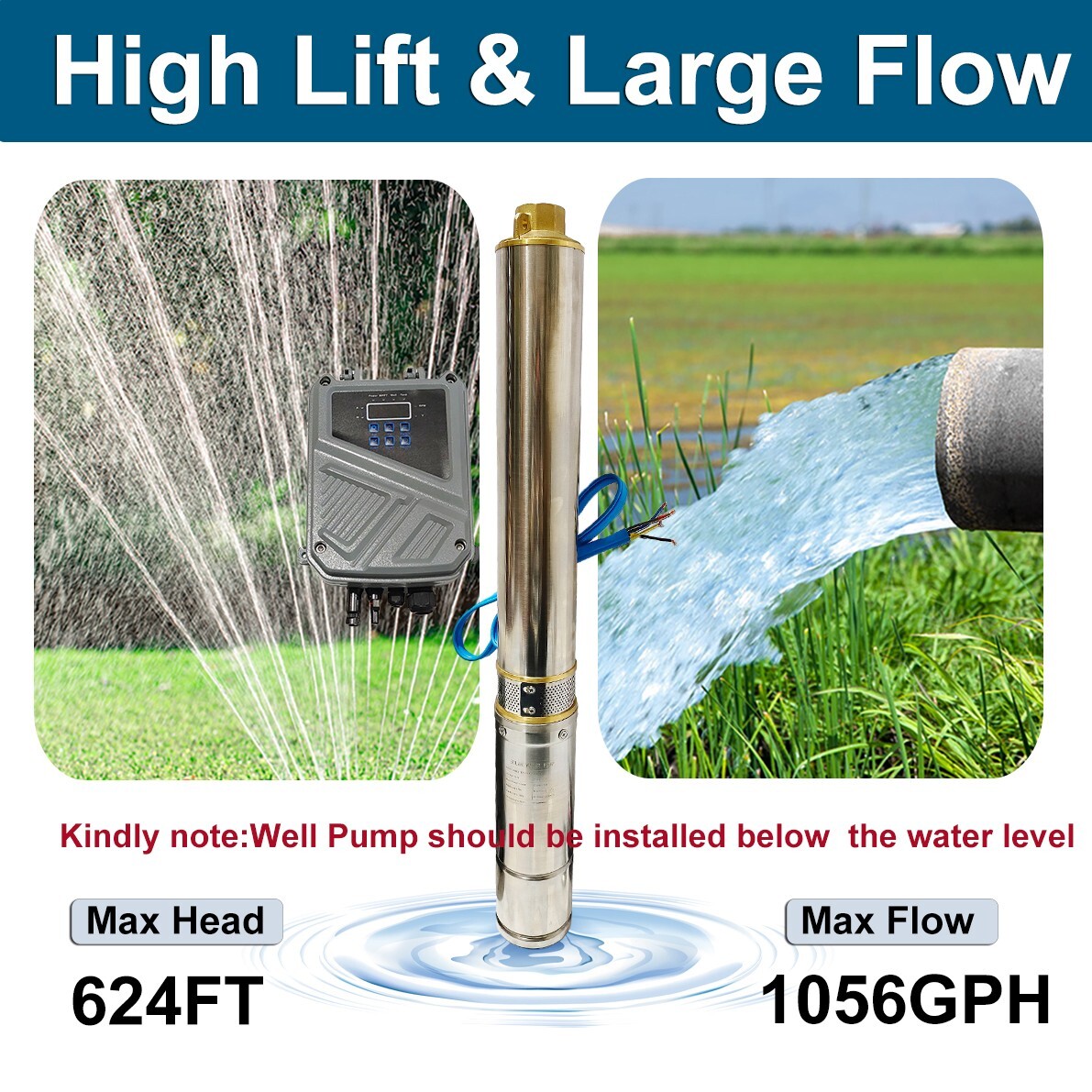 2HP 4″ Solar Pump Submersible Pump Bore Deep Well Pump+MPPT Controller DC 110V