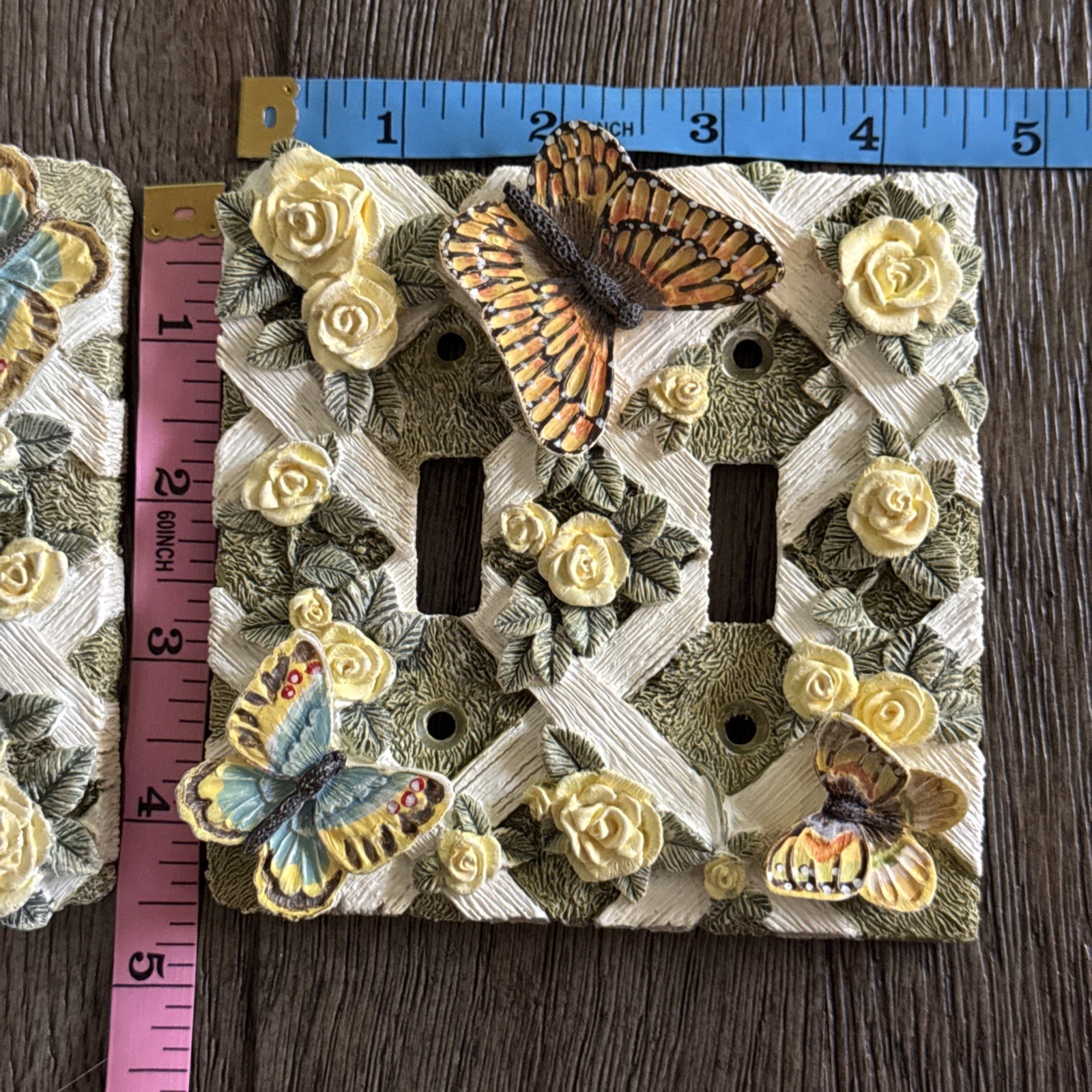 Double Light Switch Plate Butterfly 3D Lattice Roses Floral Set Of 2 Resin