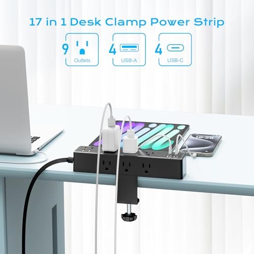 Desk Clamp Power Strip 10FT, 40W Total Fast Charging Station | 9 10FT-40W Black