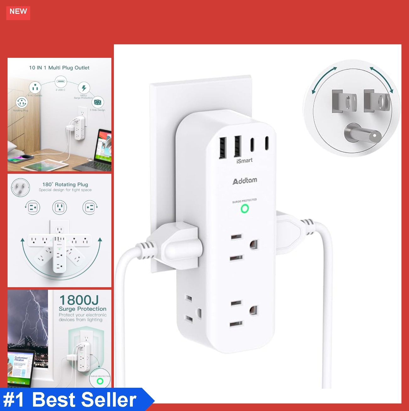 Surge Protector Wall Outlet Extender 6 AC Outlets 4 USB Ports 1800J Rotating