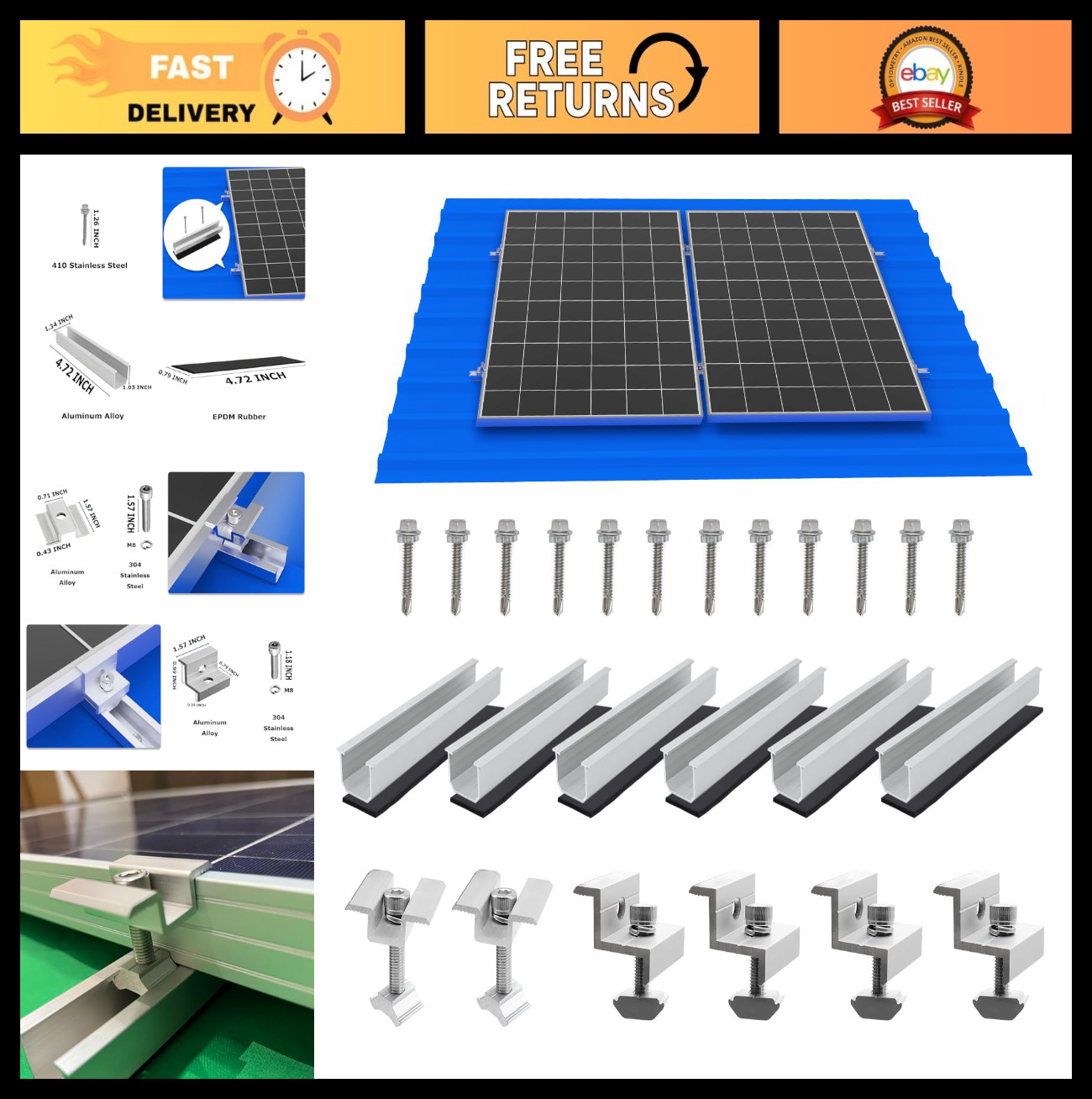 Solar Panel Mounting Brackets Kit – Roof Mount Rails & Clamps for 1.18”-1.38” Th