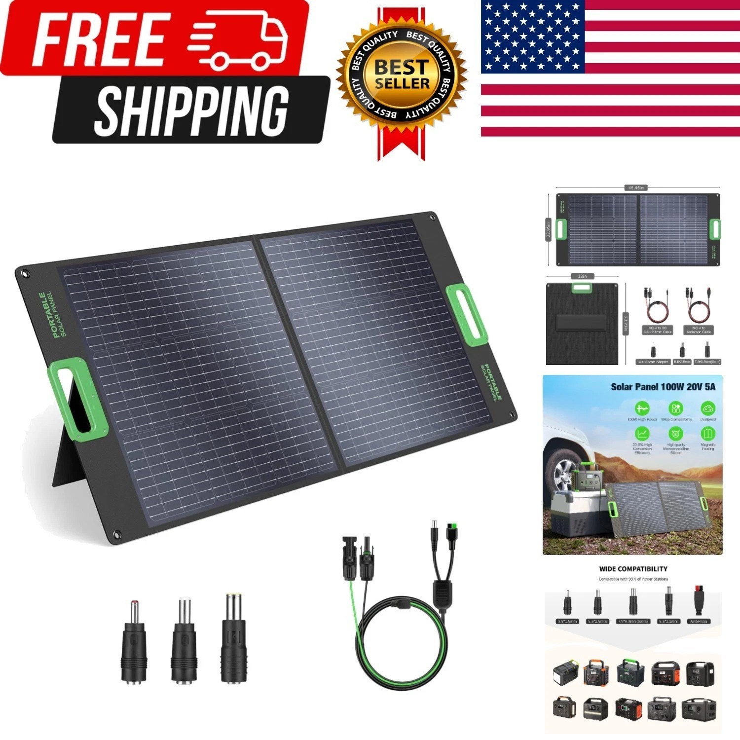 100W Portable Solar Panel for Power Station Generator, 20V Foldable Solar Cel…
