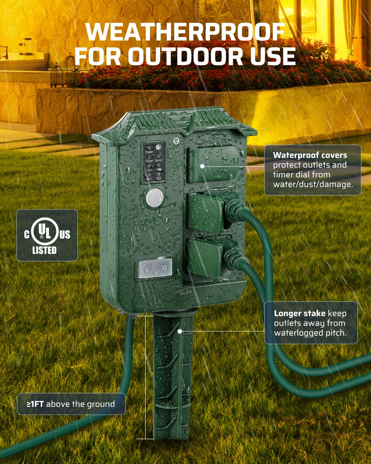 Outdoor Power Stake Timer, 25FT Extension Cord, 100FT Range Remote Control