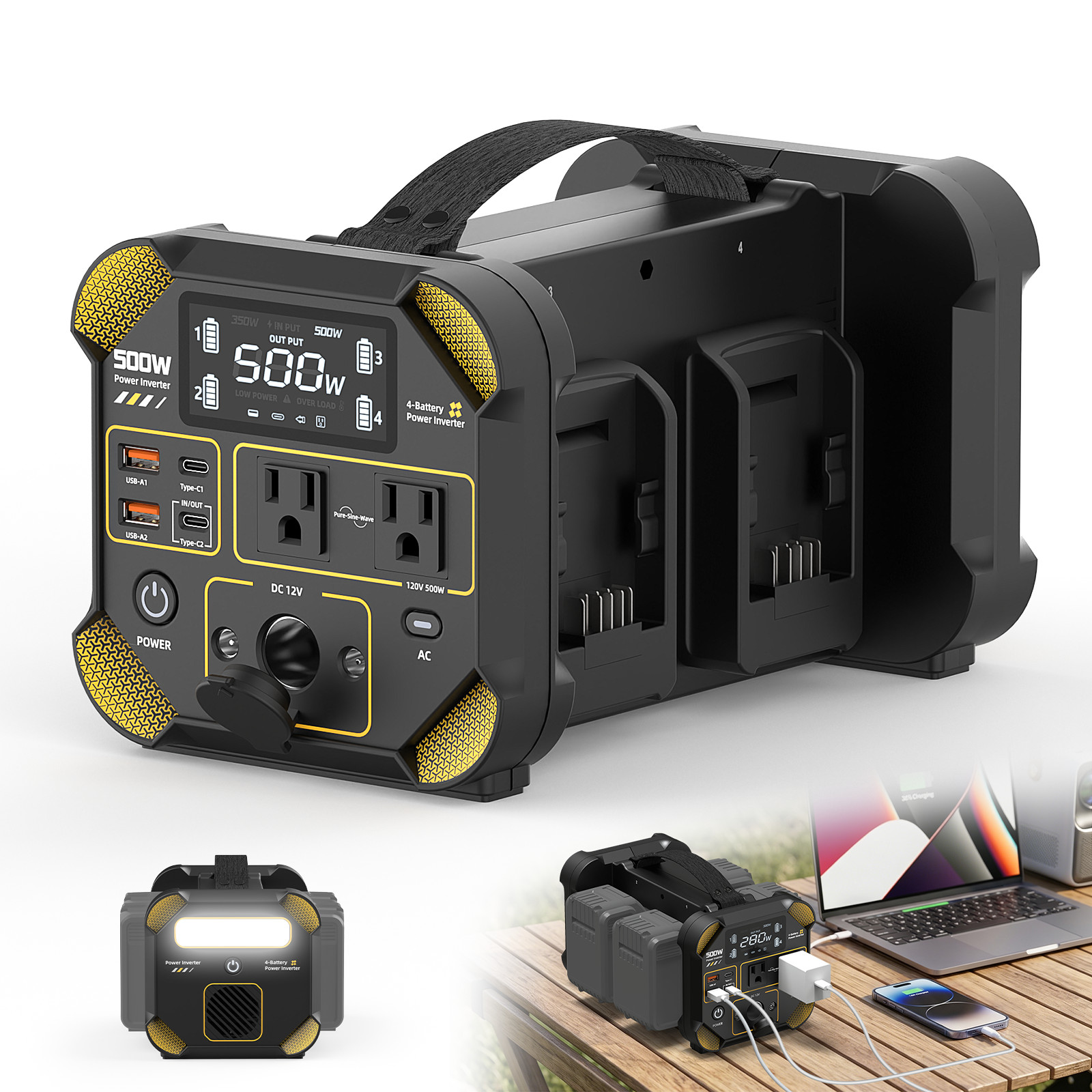 500W Pure Sine Wave Inverter for DeWalt 20V Battery 4-Slot Portable AC 120V 60Hz