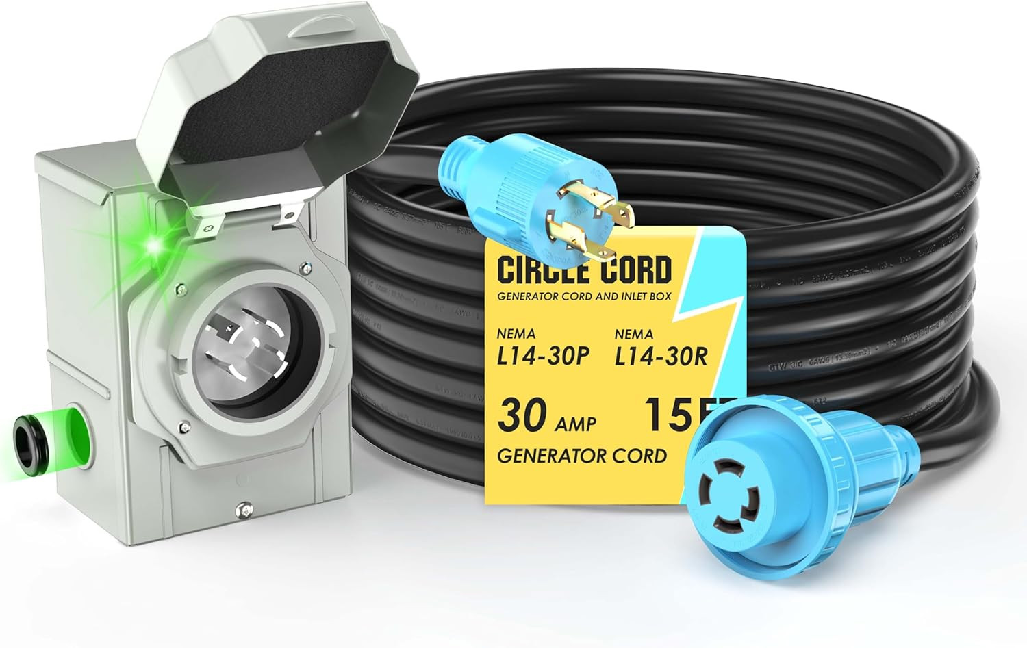 15ft 30A Generator Extension Cord & Inlet Box, NEMA L14-30, 7500W Heavy Duty