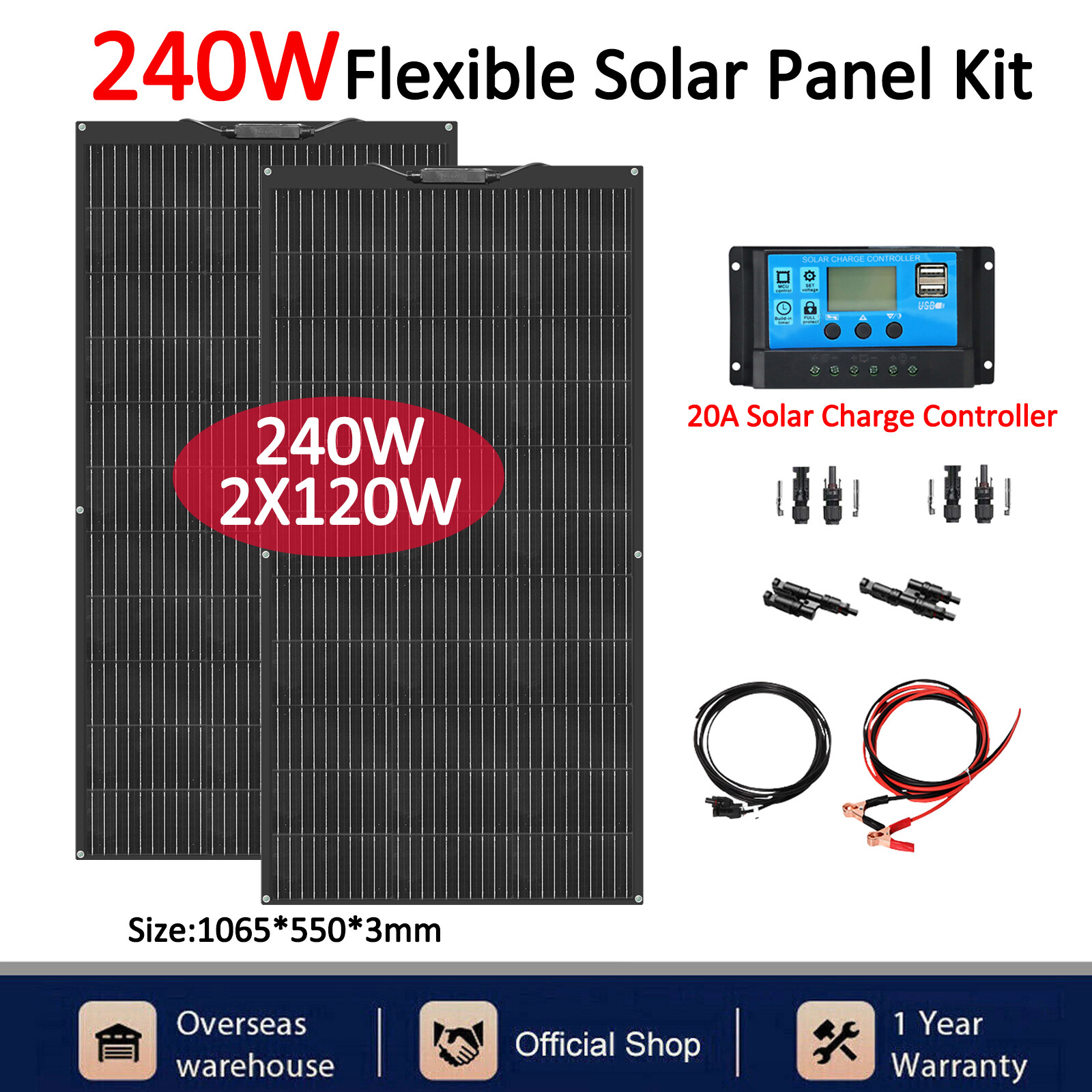 240W Watt Flexible Solar Panel Kit with Solar Charge Controller 12V Off Grid RV