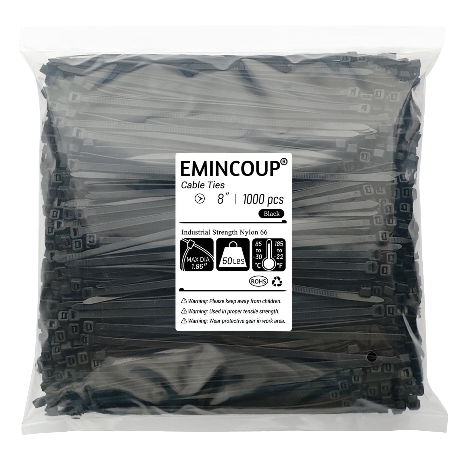 8 inch Zip Ties 1000 Pack, Black Cable with 50lbs 8″ (1000pack),
