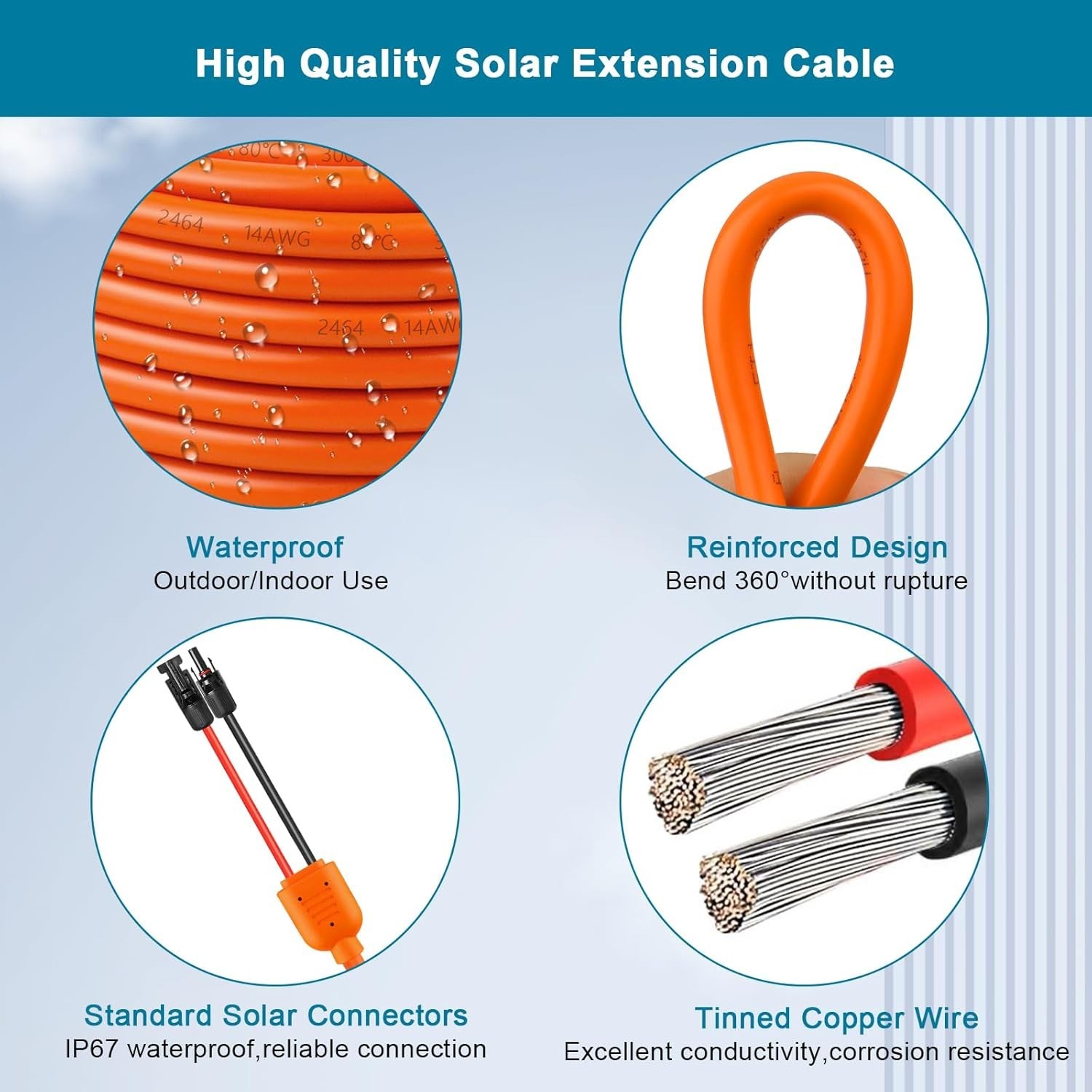 100FT Solar Panel Extension Cable – 10AWG/14AWG IP68 Waterproof Wire Set