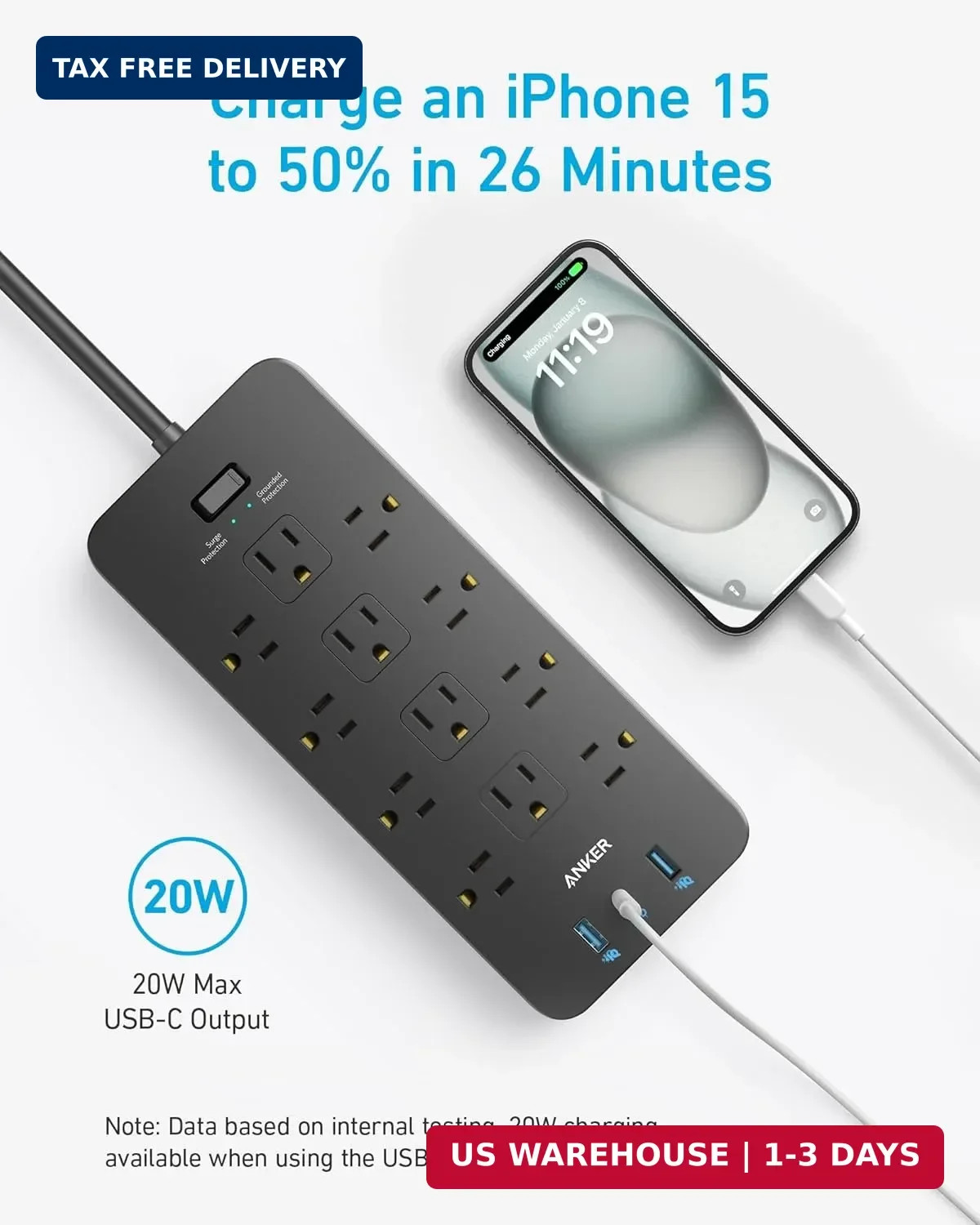 Anker Power Strip with 2100J Surge Protector, Outlet Extender, 5ft Extension Cor