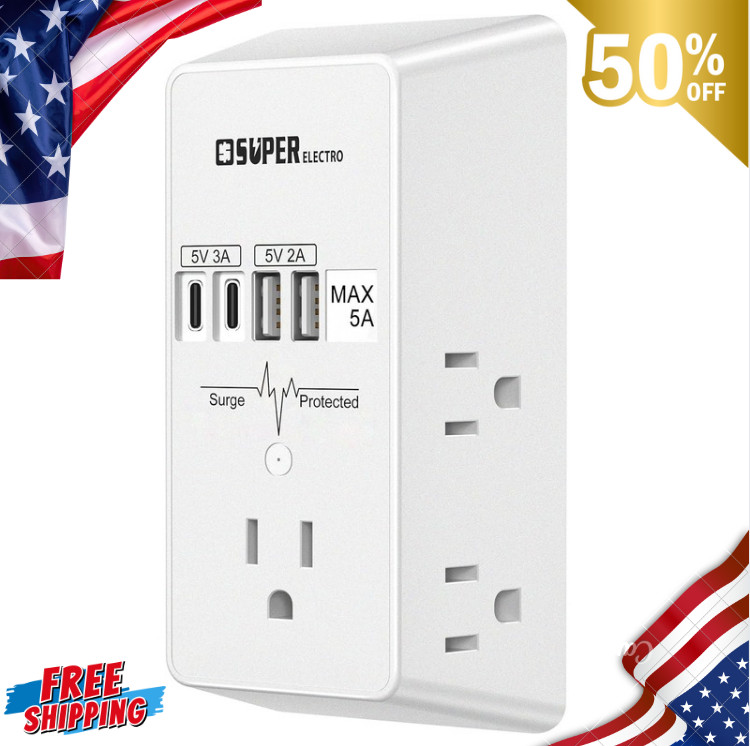 USB Wall Charger Surge Protector 5 Outlet Extender with 4 USB Charging Ports