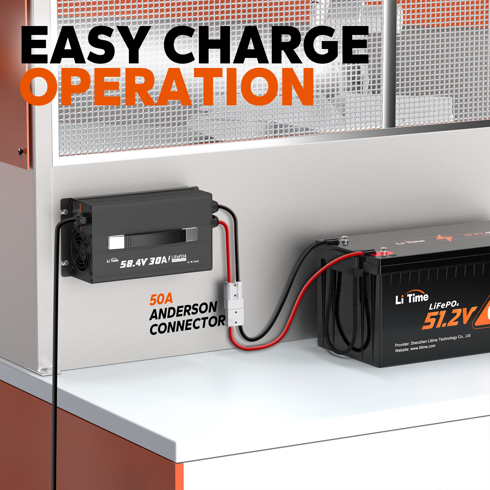 LiTime 58.4V 30A Smart AC-DC Charger for 48V 51.2V LiFePO4 Battery Mountable