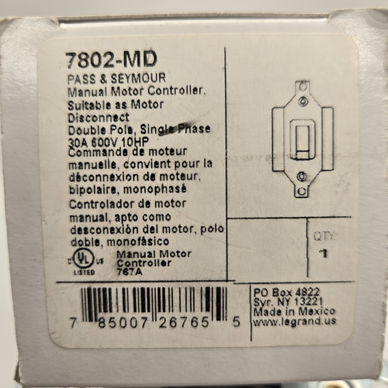 Pass & Seymour 7802-MD Manual Motor Controller Switch DPST 30A 600VAC Black