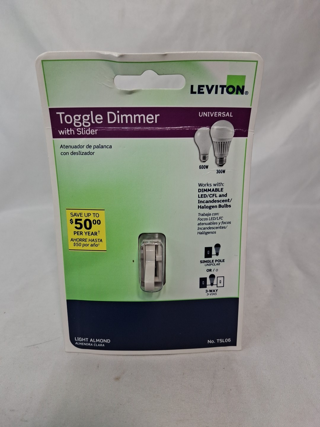 LEVITON TSL06-1KT Toggle Dimmer with Slider Switch Light Almond