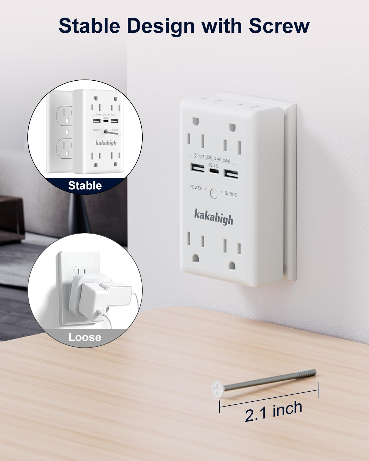 Wall Outlet Extender with Screw 8 Way Outlets with 1680J Surge Protected Mult