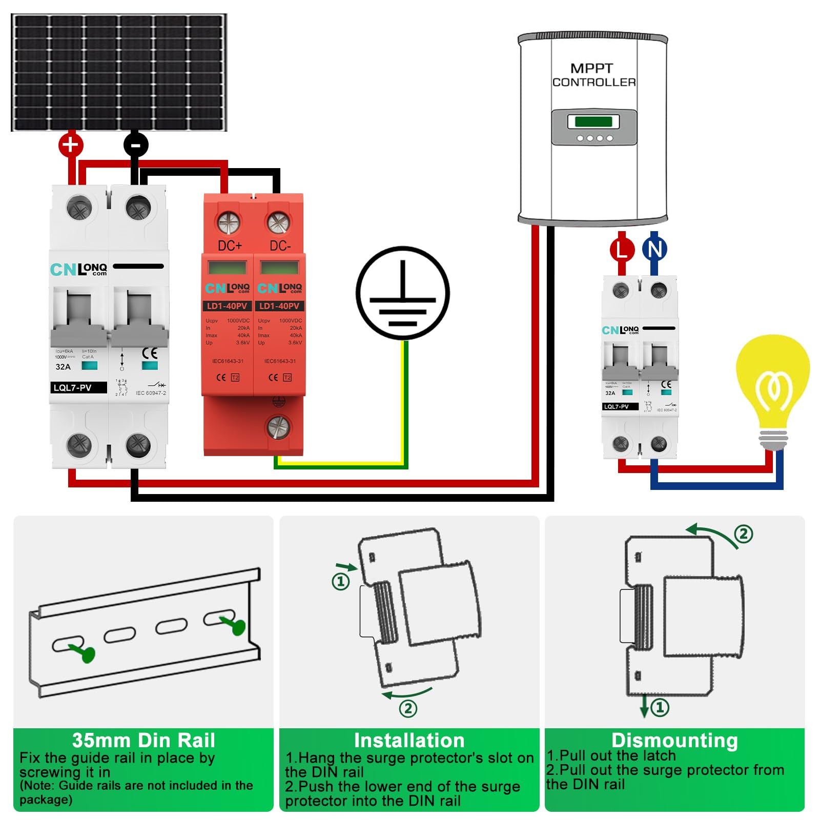 CNLonQcom 2P 40KA Voltage Surge Protector DC 1000V Solar PV Lightning Arreste…