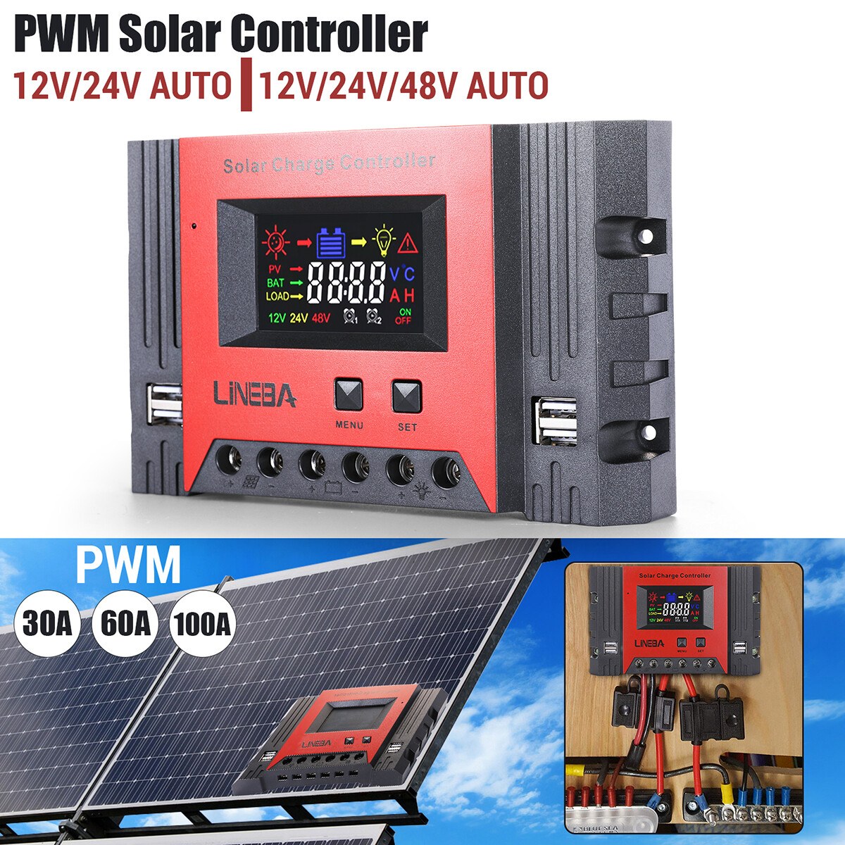 PWM 12V/24V/48V Solar Charge Controller with LCD Display LifePO4 Auto Regulator