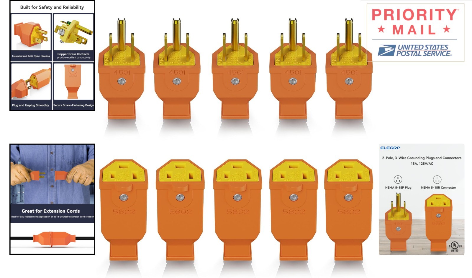 Replacement Plug Connector Set for Extension Cords 15A 125V Orange 5 Sets