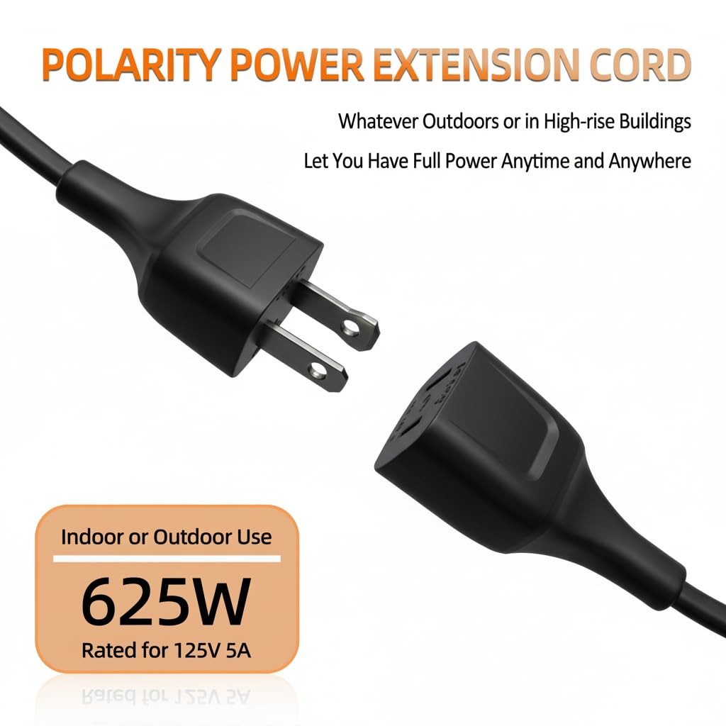 5FT Black Power Extension Cords, 2-Prong, 2 Outlets, 125V 5A 625W (1 Pack)