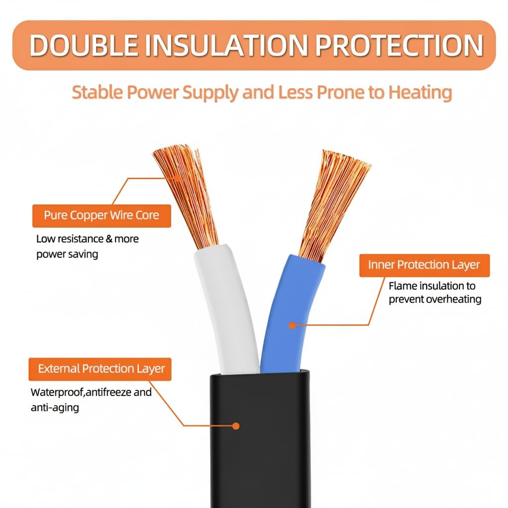 5FT Black Power Extension Cords, 2-Prong, 2 Outlets, 125V 5A 625W (1 Pack)