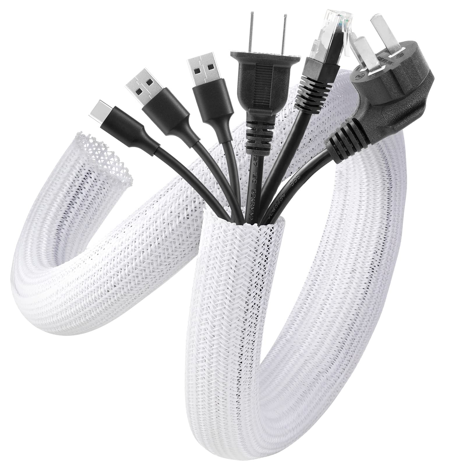 AGPTEK White Cable Sleeve Cover, 2 Pack 5ft – 1.2 inch Desk 1.2″-10ft,