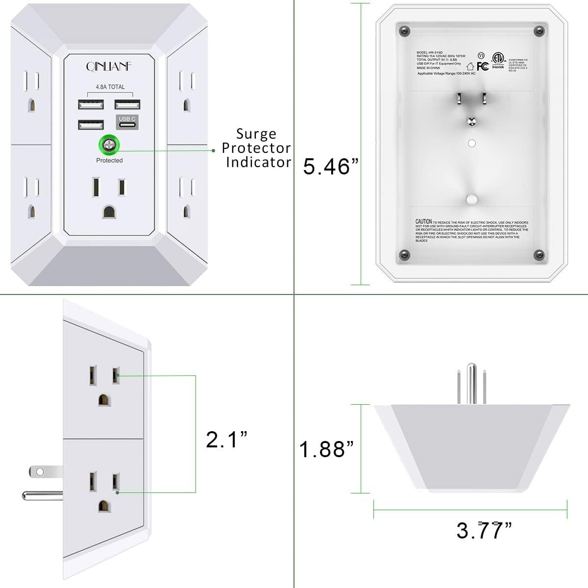 5 Outlet Extender Surge Protector Multi Plug Wall Adapter USB Charger Ports with