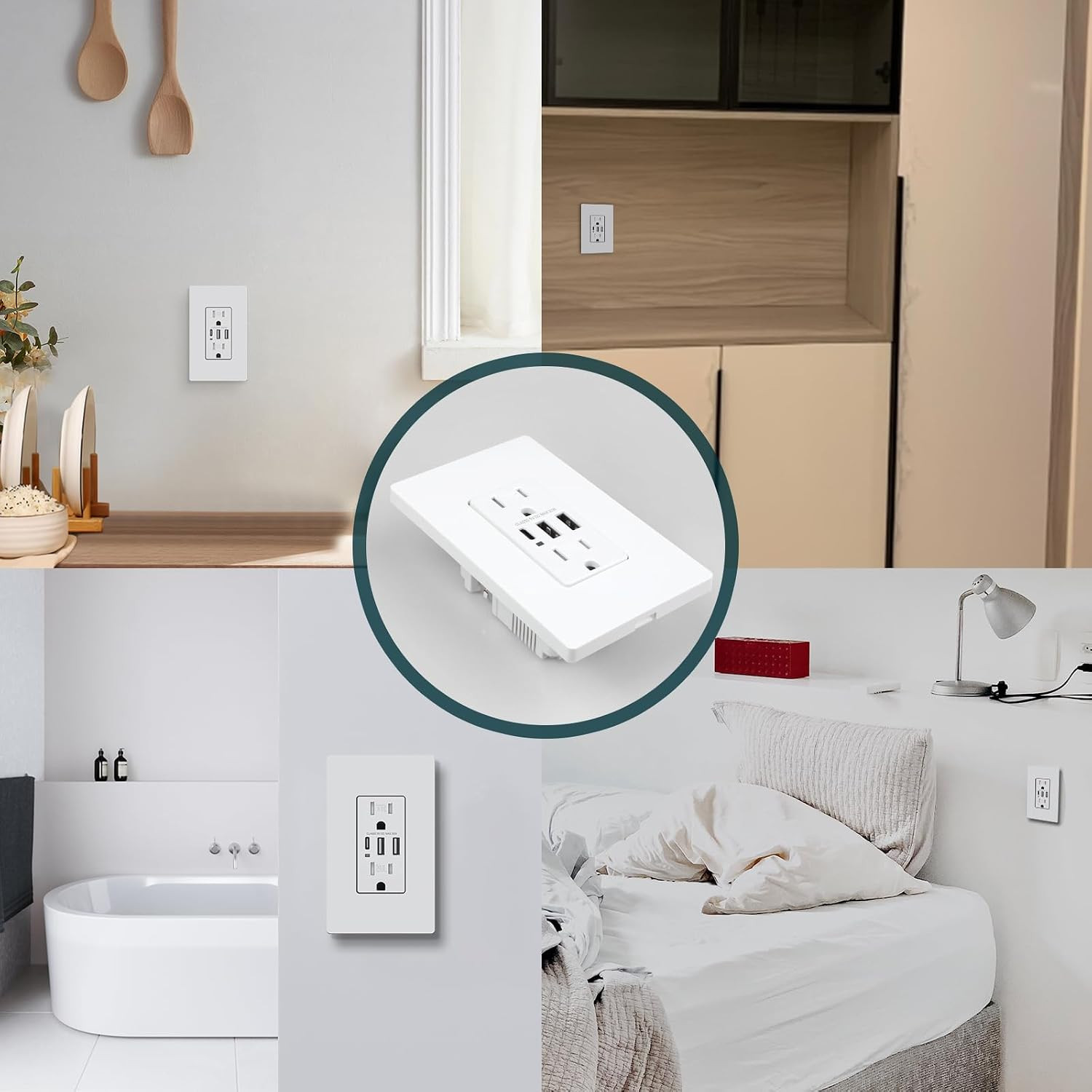 TOPELER USB C Wall Outlet, 15A Tamper Resistant Receptacle with 3 USB Port, 6.0A