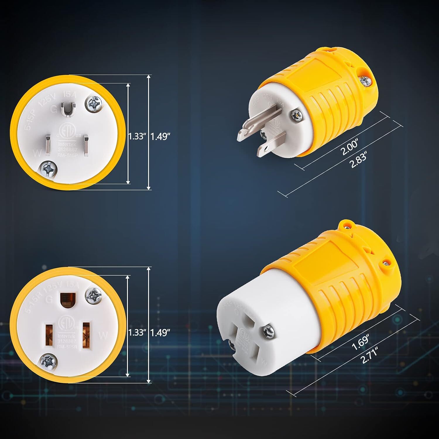15Amp 125 Volt Extension Cord Ends Male and Female Plug, Heavy Duty Replacement
