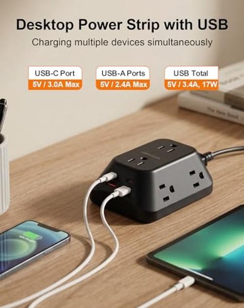 Desk Clamp Power Strip, 6 AC, 2 USB-C & 2 USB-A, 1440J, 10FT Cord | 10FT-Black