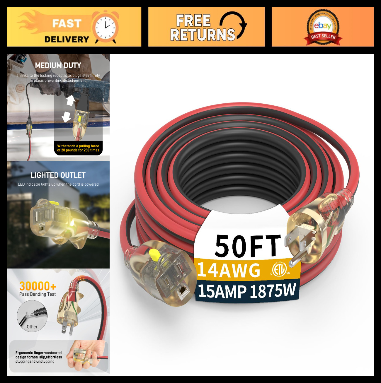 50ft 14/3 Medium Duty Outdoor Extension Cord with LED Lighted Locking Plug, ETL