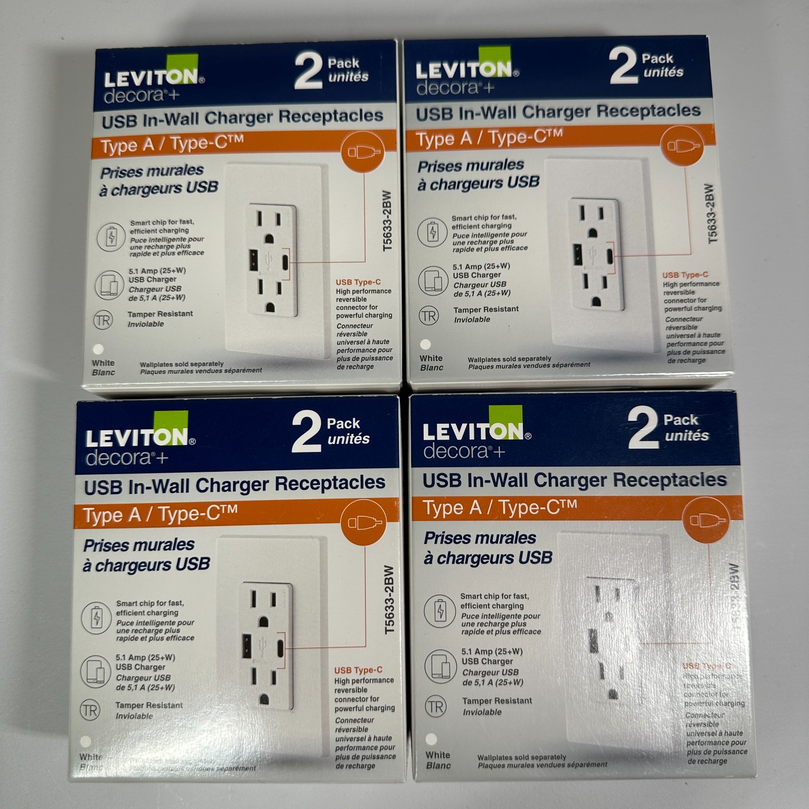 🔌 NEW Leviton T5633 USB-A/C Outlet 2-Pack x4 (8 Units) Sealed 🔌