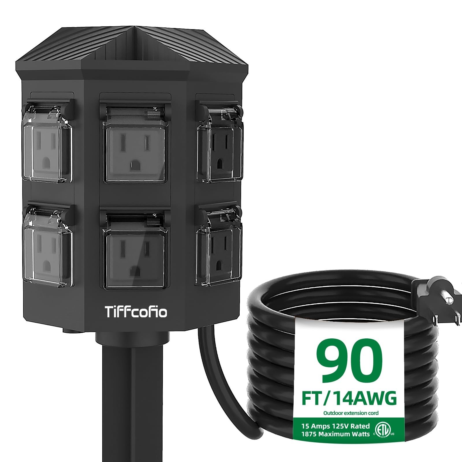 Waterproof Outdoor Power Strip with Stake, 90FT Extension Cord, 6 Outlets, 15A