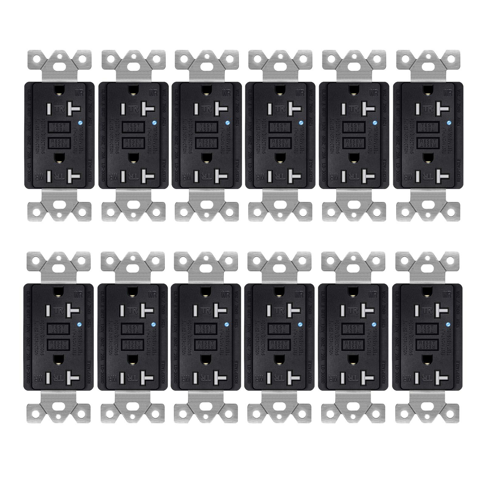 12Pack 125V 20A GFI GFCI Duplex Receptacle Outlet Black Tamper Weather Resistant
