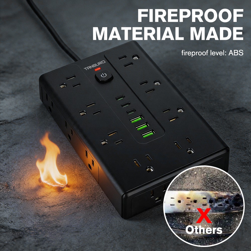 Flat Plug Power Strip with 16 Outlet Extension Cord USB Port Surge Protector