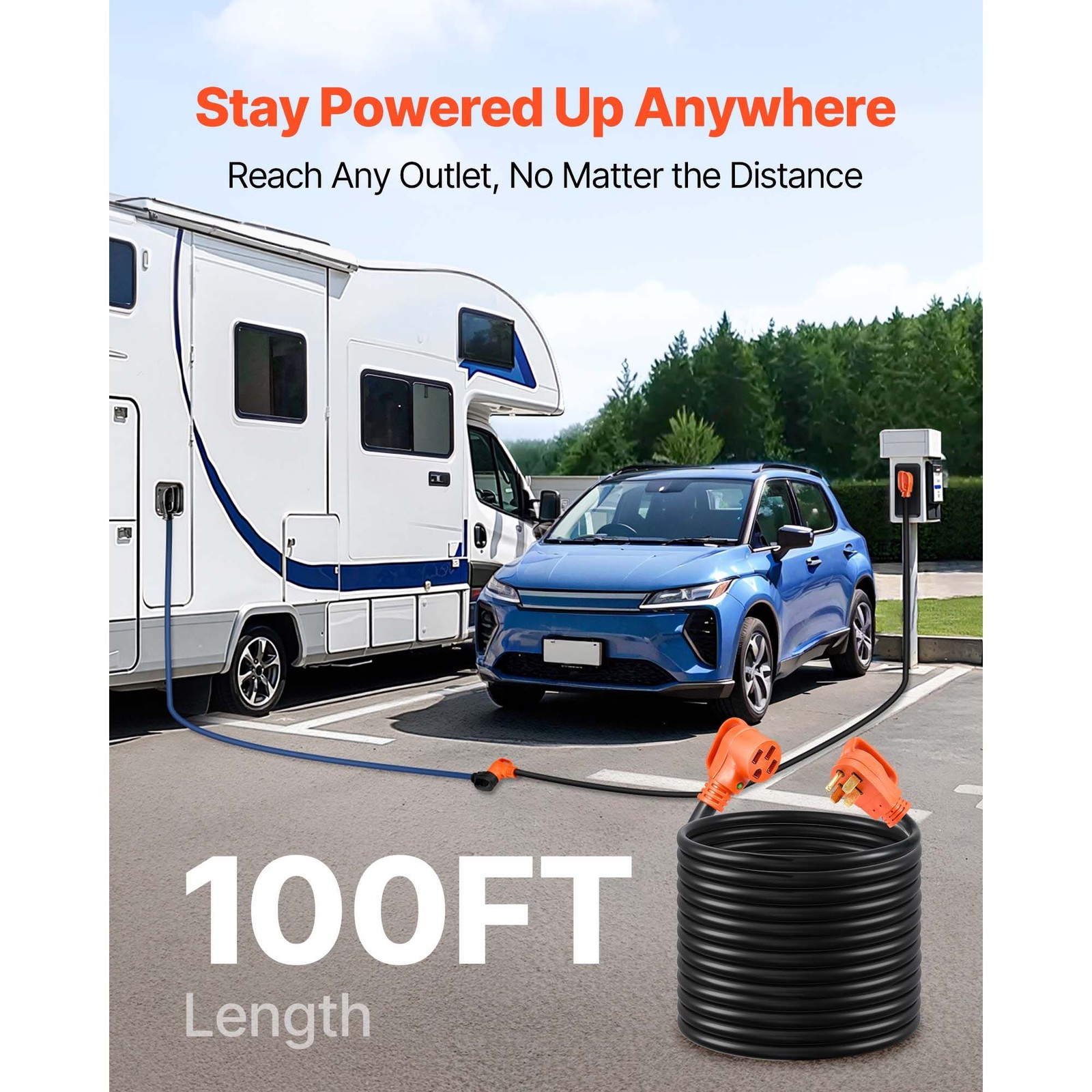 100ft RV Cord 50A 7500W STW Jacket Waterproof LED + 15A Adapter