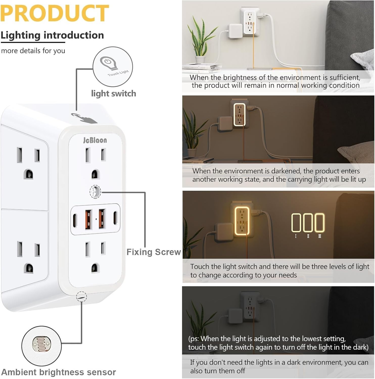 Wall Outlet Extender with Night Light, Power Plug Adapter 6 Outlet Extender with