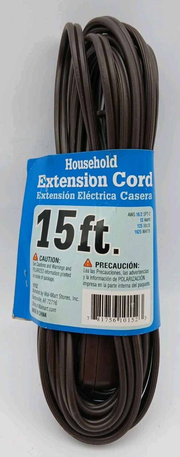 Intertek Walmart 15FT 16AWG 2 Prong Brown Indoor Extension Cord 13amp 125 Volts
