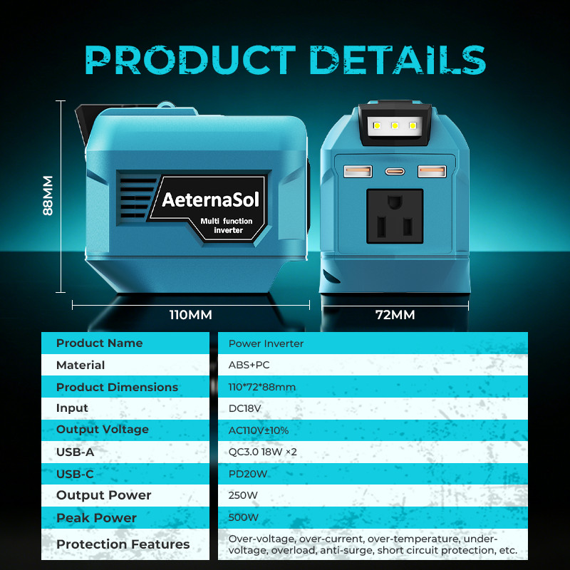 220W Power Inverter Peak 500W Portable Power Supply for Makita 18V Battery