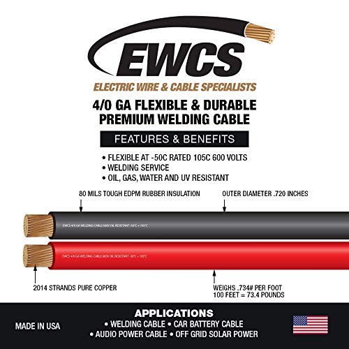 4/0 Gauge – 10 Feet Black + 10 Feet Red Combo – Brand 100% Copper 10+10 Feet