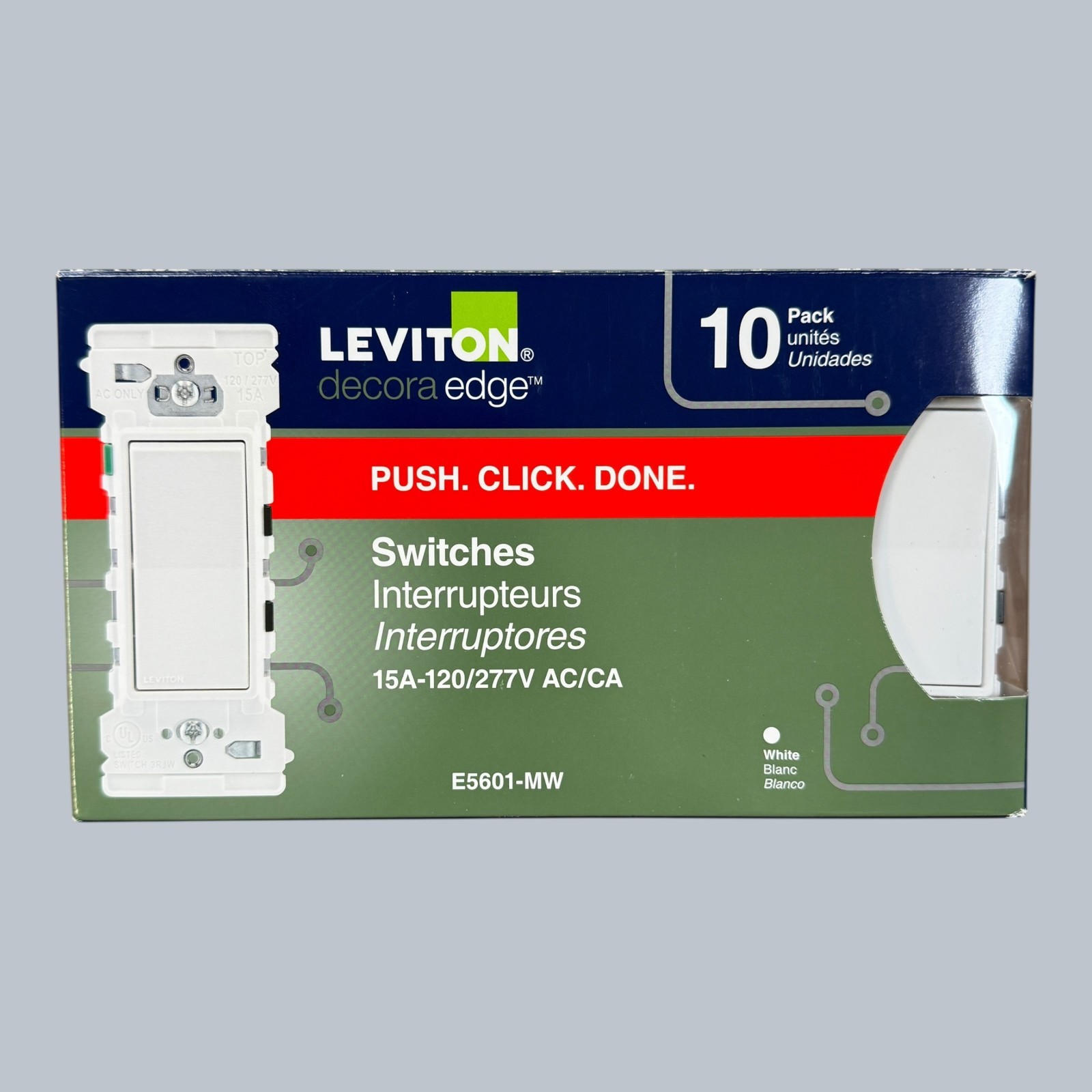 LEVITON LEVER EDGE 15A 120/277V SINGLE POLE SWITCH, WHITE 10-PACK