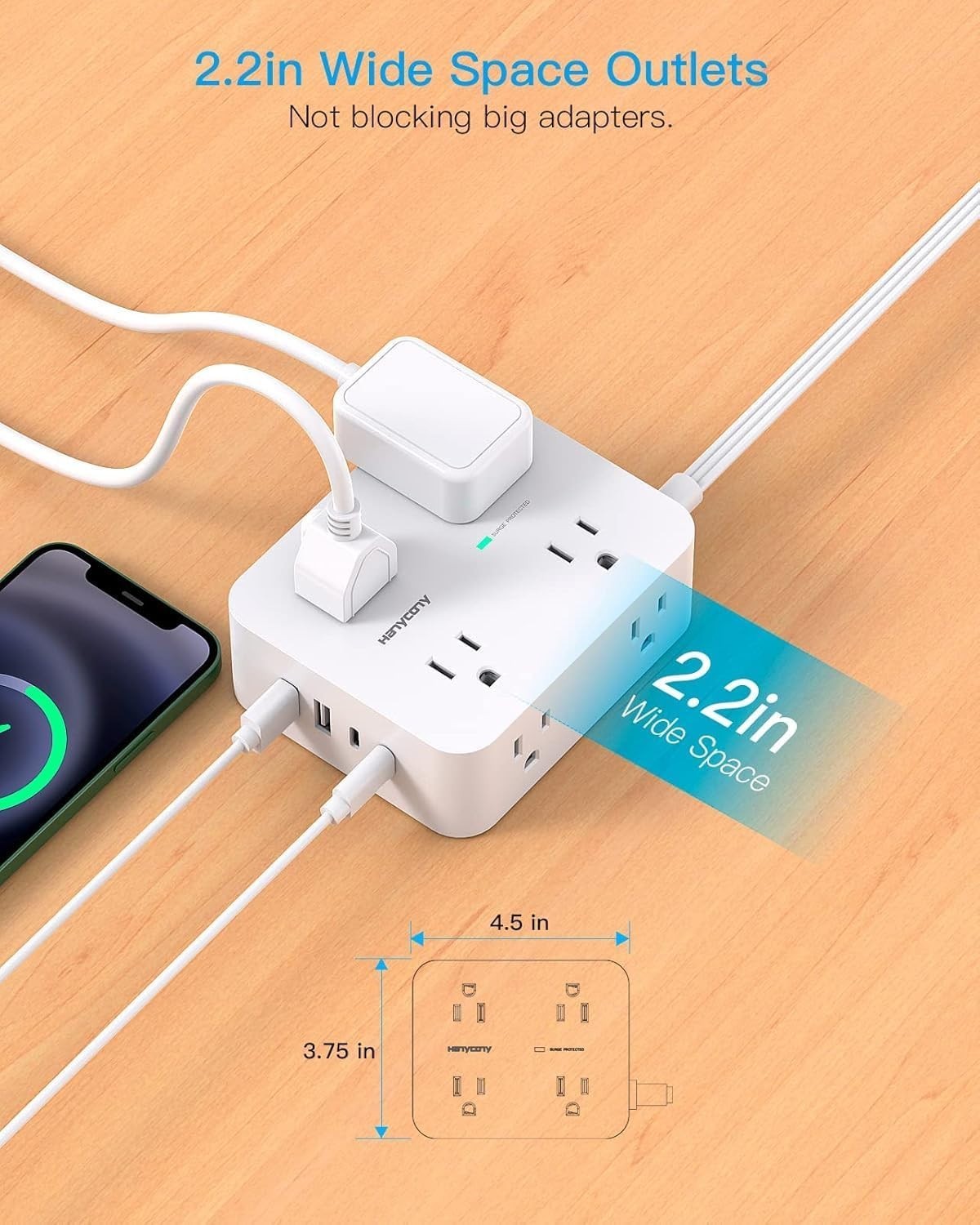Ultra Thin 5ft Power Strip with 8 Outlets & 4 USB Ports – Safe for All Devices