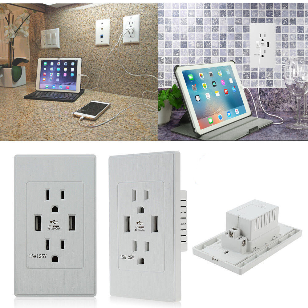 Dual USB Port 15A Duplex Wall Electrical Outlet Socket Receptacle With Plate Lot