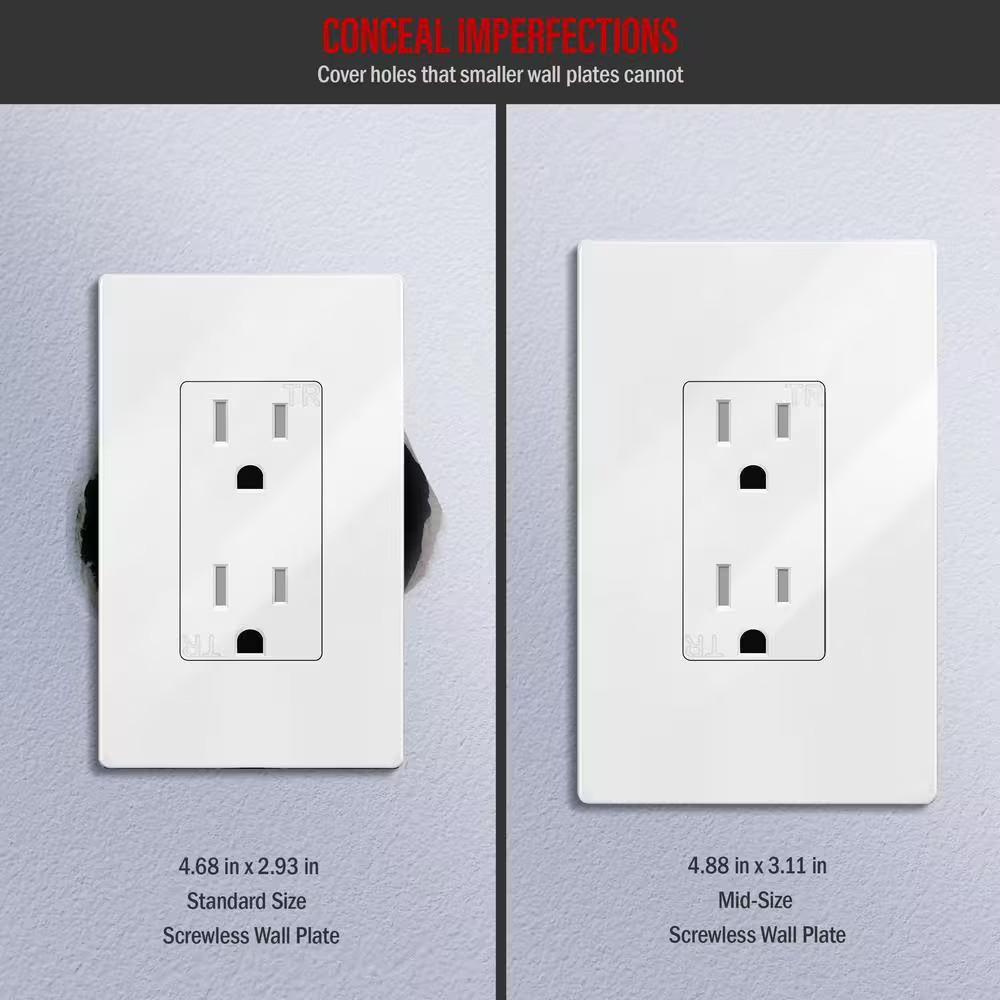 1-Gang Midsize, White Decorator/Rocker, Plastic Polycarbonate, Screwless Wall Pl