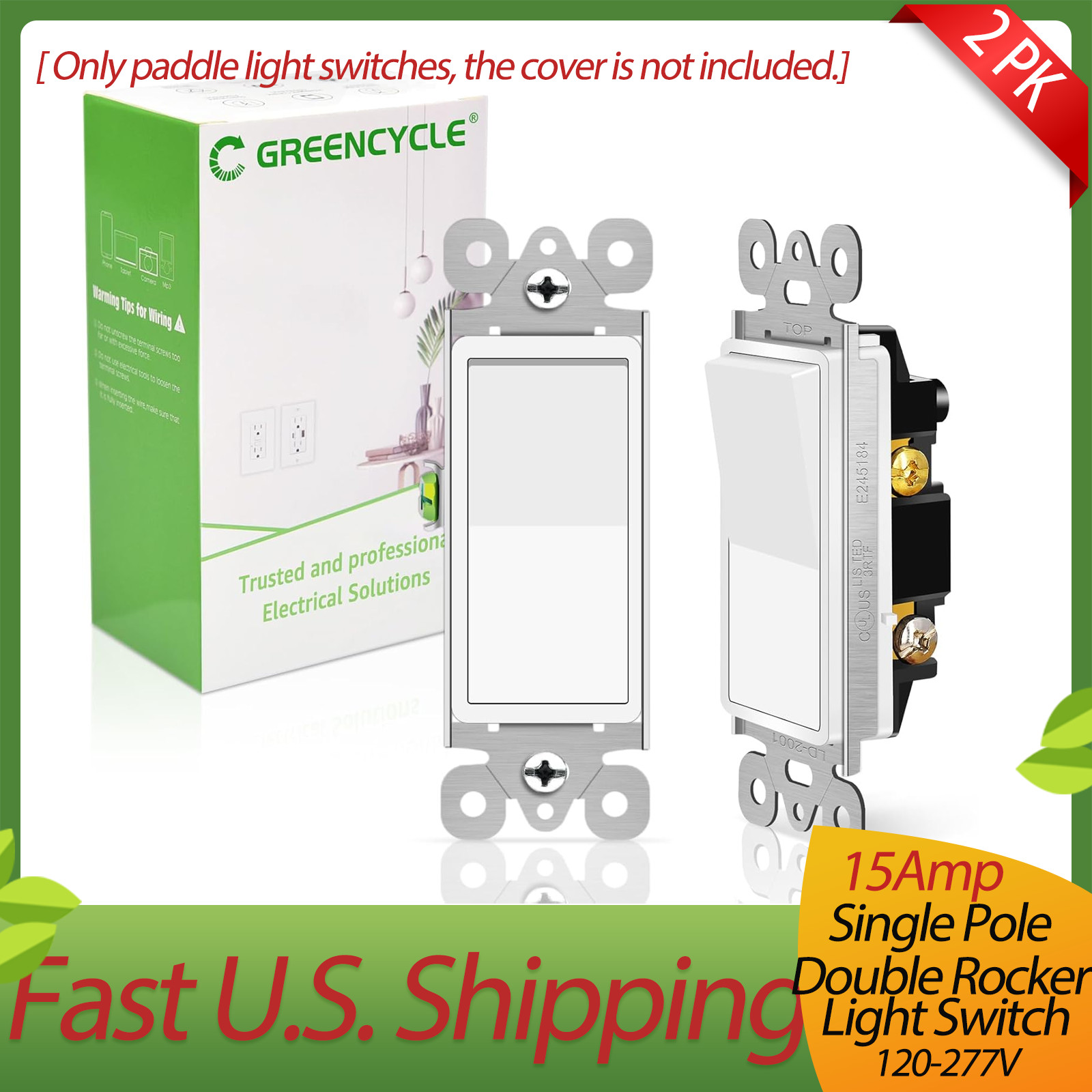 2x 15Amp 120V-277V AC Single Pole Rocker Light Switch,Paddle Light Switch,White