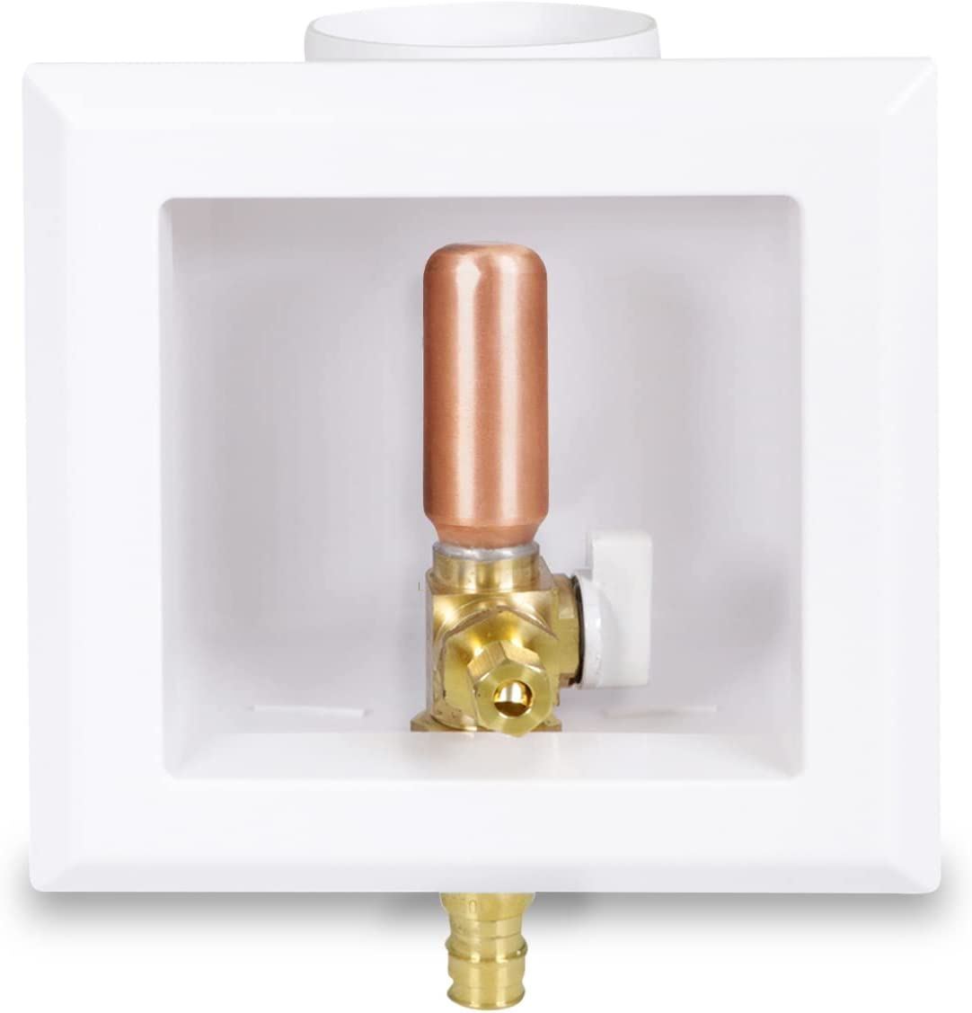 Icemaker Outlet Box w/Hammer Arrester, Valve, Nut 1/2”in PEX A White ABS Single