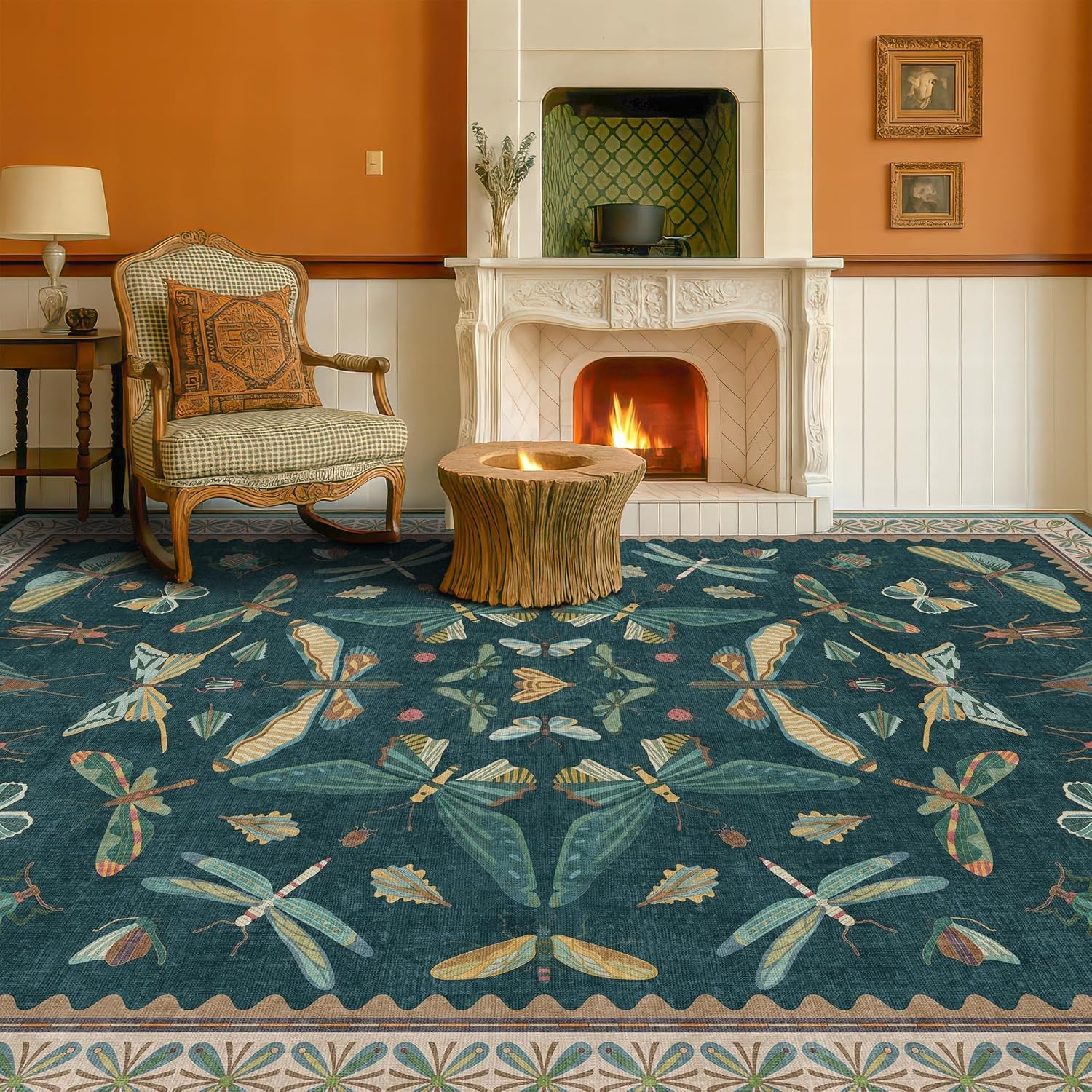Vintage Teal Area Rugs for Living Room 6×8 – Floral & Butterfly Pattern Dining