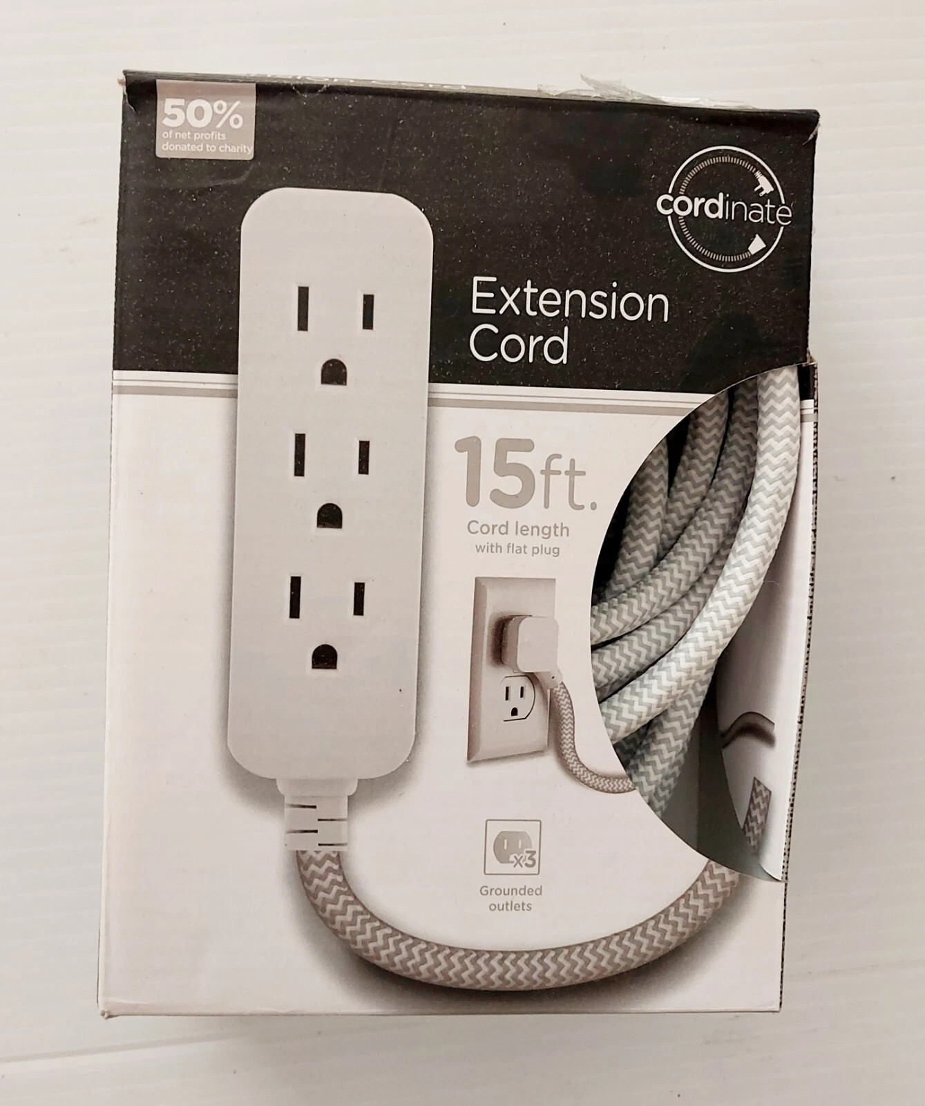 15ft. 3-Outlet Braided Extension Cord, Gray/White 50011 With Flat Plug
