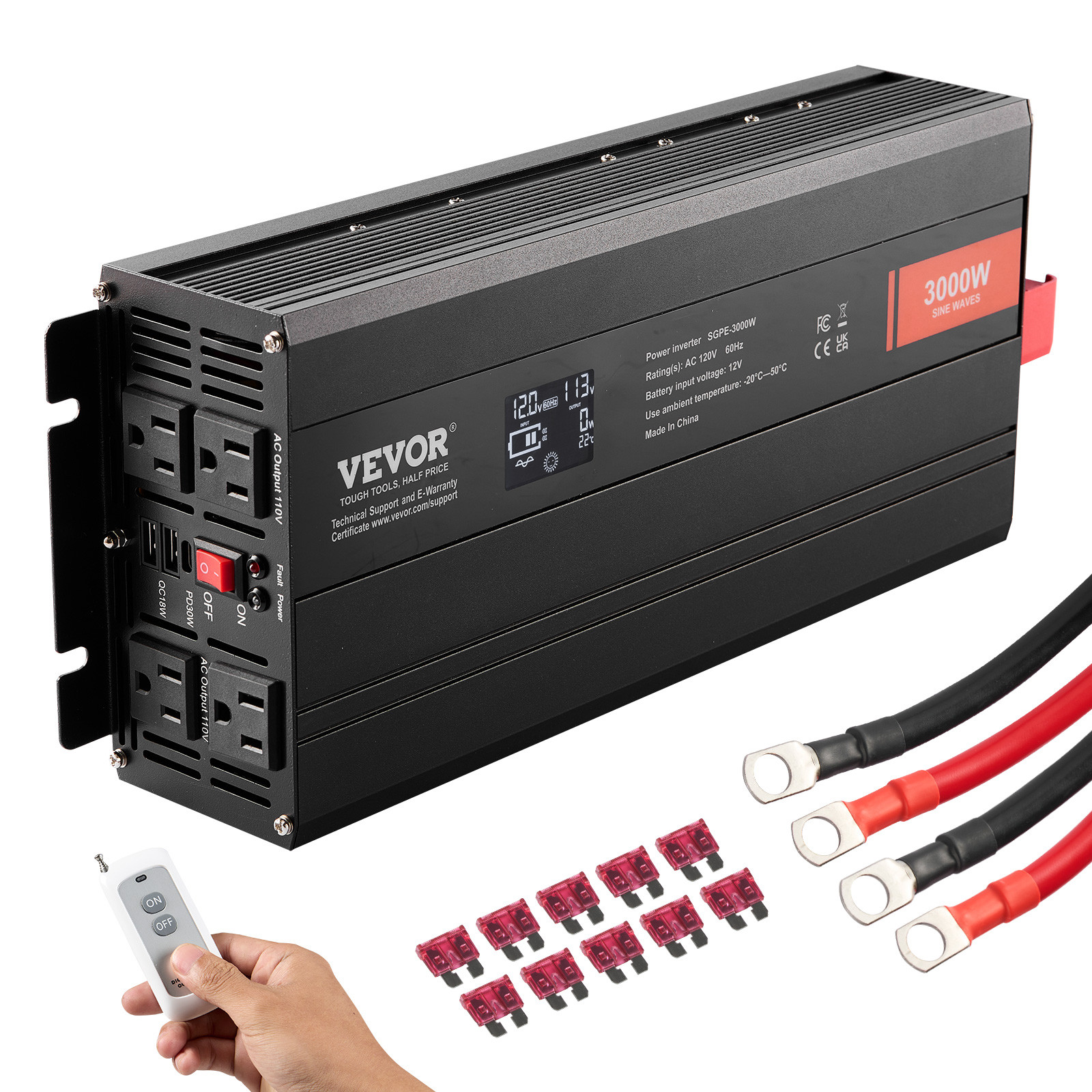 VEVOR Pure Sine Wave Power Inverter 3000W DC12V to AC120V LCD Remote Control CE