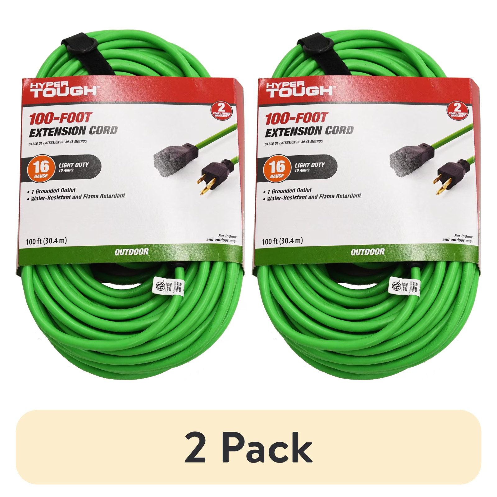 2 Pack Hyper Tough 100ft 16AWG Outdoor Extension Cord Green