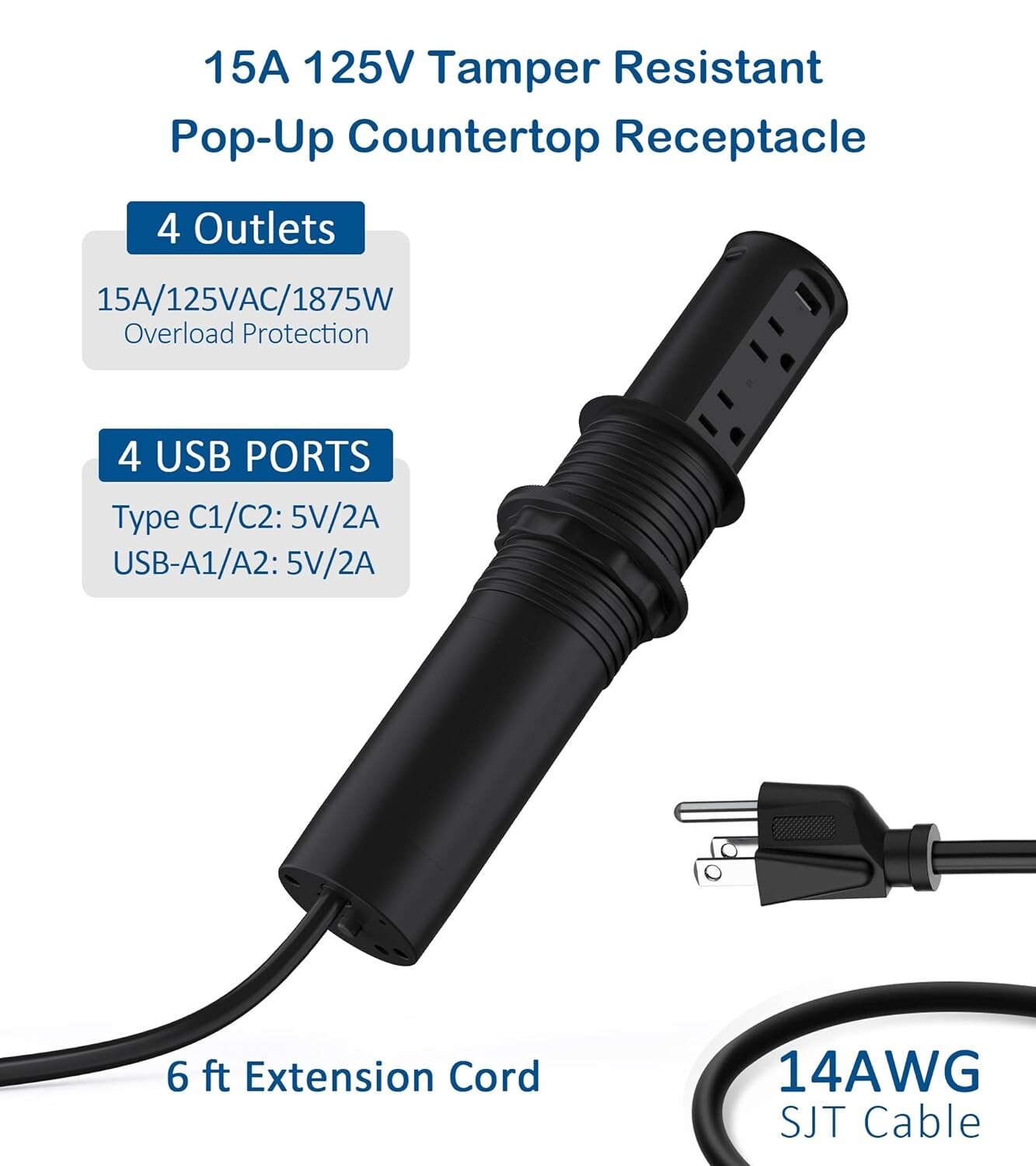 Pop up Outlet for Countertop with USB C,2.5in Hole Desktop Power Grommet,4 Ou…